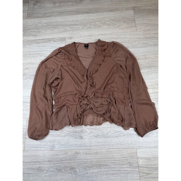 Autres Filles Tops - Autres Filles Womens XL Brown Ruffle V-Neck Peplum Chiffon Blouse Long Sleeve
